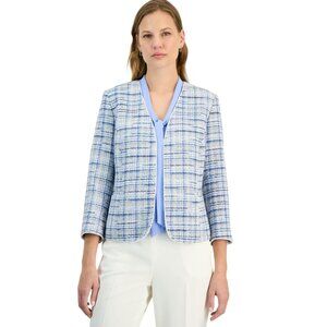 NWT Kasper Womens Tweed 3/4 Sleeve Open Front Jacket Blazer Sky Blue Multi 10